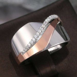 Fabulous Unisex Two-Tone 14k Rose Gold 925 Silver Diamond Band